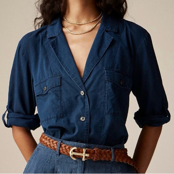 J. Crew Tops - J Crew Camp Collar Shirt Womens 12 Blue V
Neck Cotton Voile Button Up Roll Tab